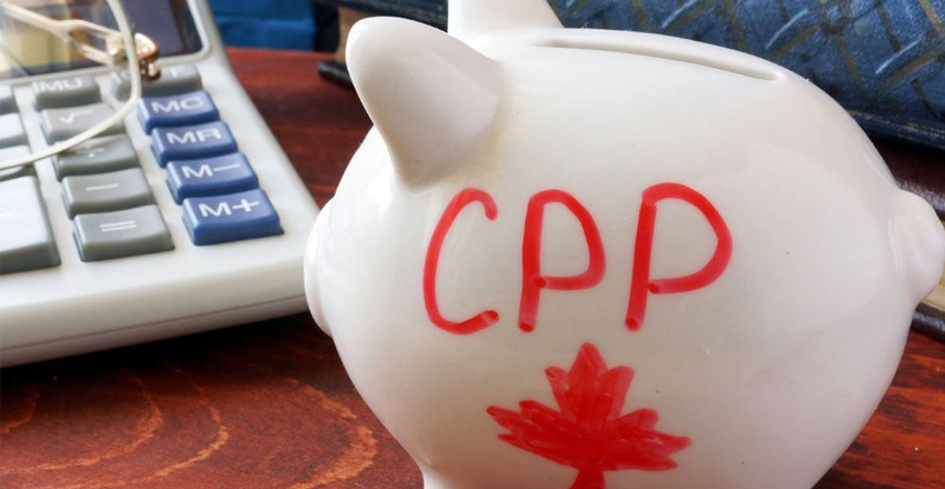 Piggy bank with CPP written on it and calculator in the background