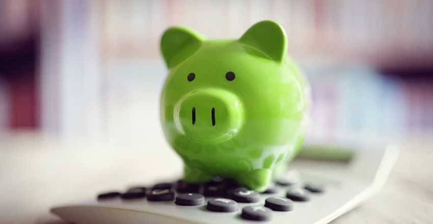 Green piggy bank on top of calculator